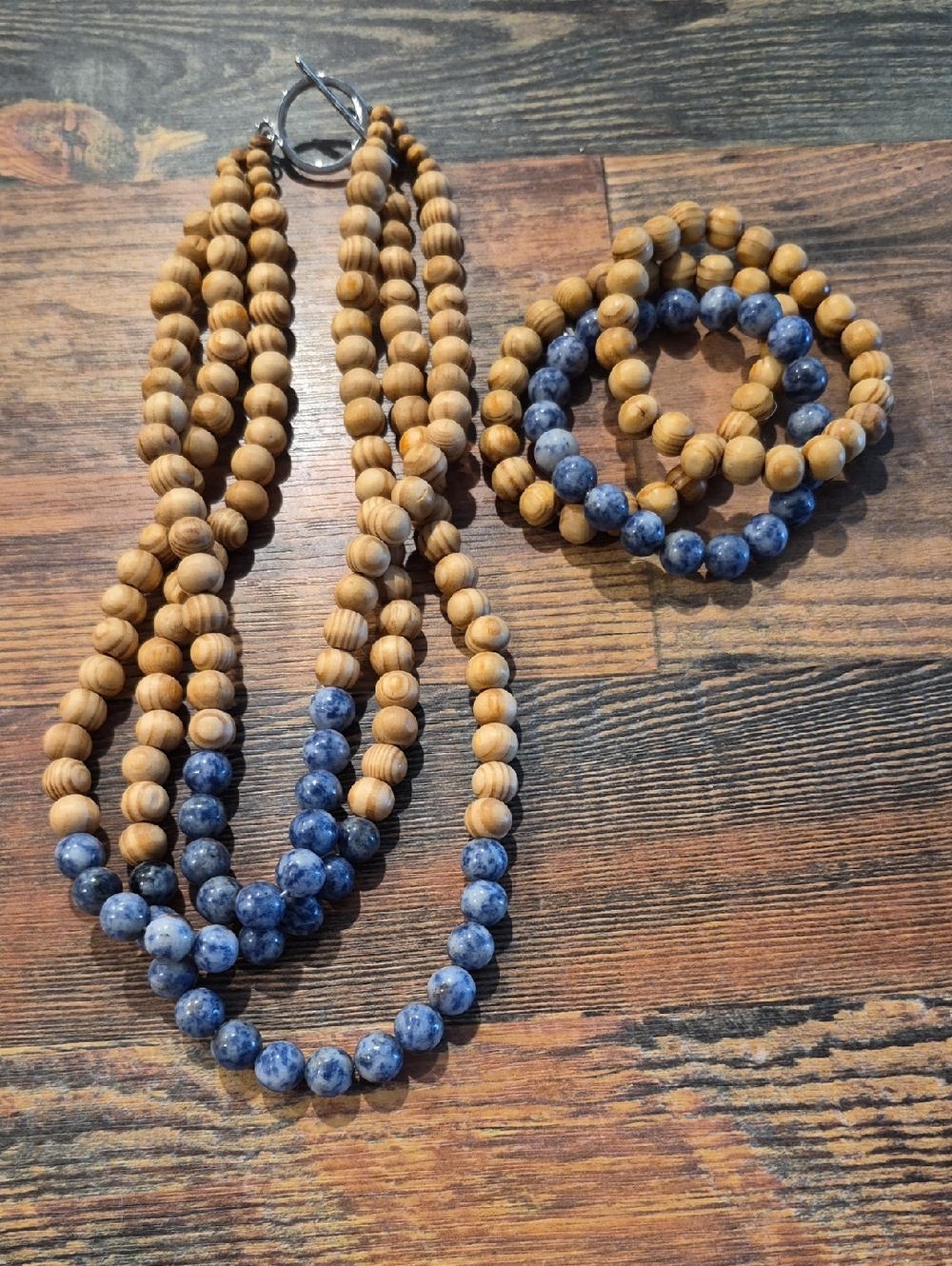 Natural Wood & Blue Stone Beaded Necklace and Bracelet Set